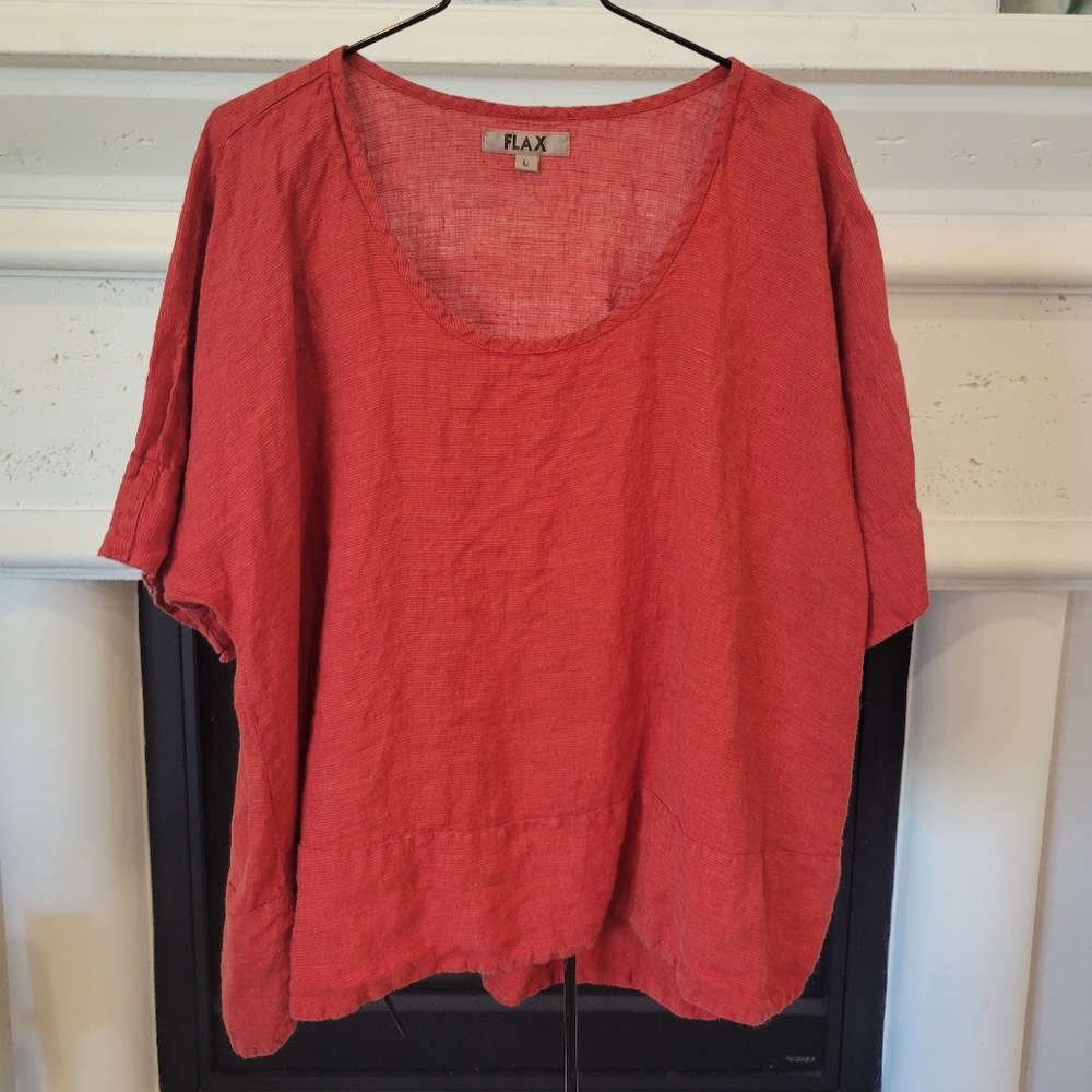 Flax size large boxy short sleeve top blouse. Orange color. Linen.